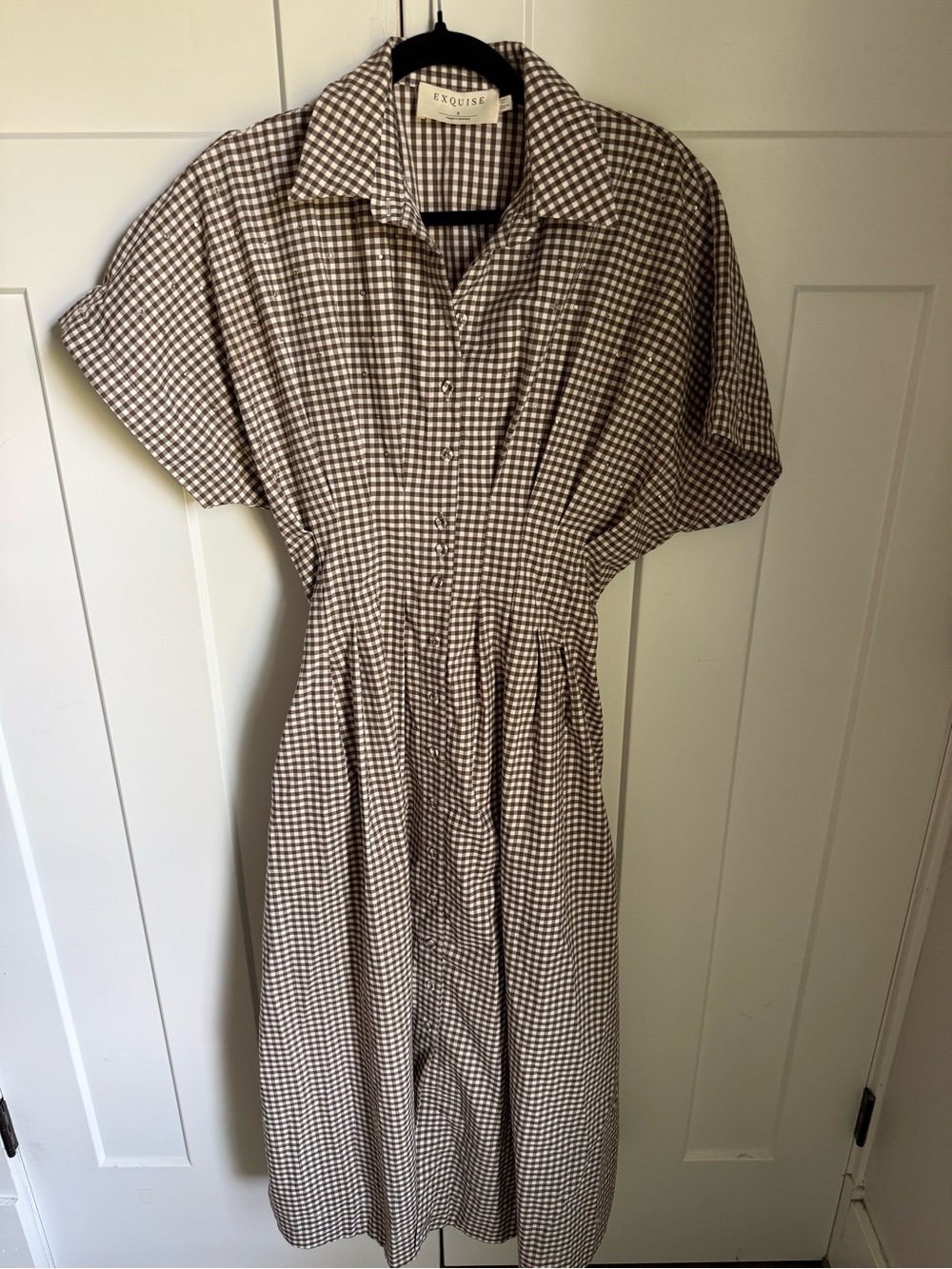 Anthropologie Exquise Tobie Studded shirt dress in brown and white gingham. S. - Picture 6 of 13